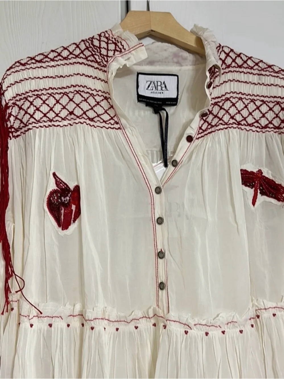 White Midi Dress with Red Embroidery
